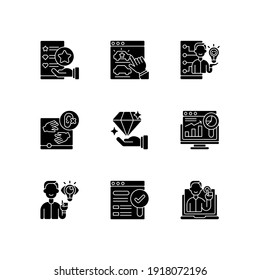 Responsive website design black glyph icons set on white space. Usability evaluation. Web analytics. User experience. Creative thinking. Silhouette symbols. Vector isolated illustration