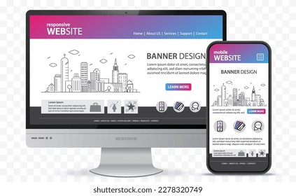 Responsive Website Design With Desktop Computer and Mobile Phone Screen Vector Illustration. Digital devices on transparent background.