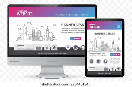 Responsive Website Design With Desktop Computer and Tablet PC Screen Vector Illustration. Digital devices on transparent background.