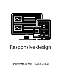 Responsive website design glyph icon. Web design. Site construction for mobile phone, tablet and desktop pc. Website development. Web applications. Silhouette vector isolated illustration