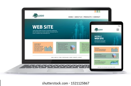 Responsive Website Design With Laptop Computer and Tablet Computer Screen Vector Illustration.