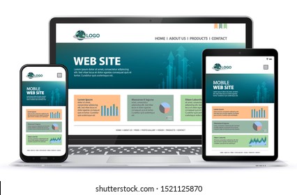 Responsive Website Design With Laptop Computer, Mobile Phone And Tablet PC  Screen Vector Illustration.