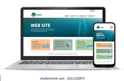 Responsive Website Design With Laptop Computer And Mobile Phone Screen Vector Illustration.