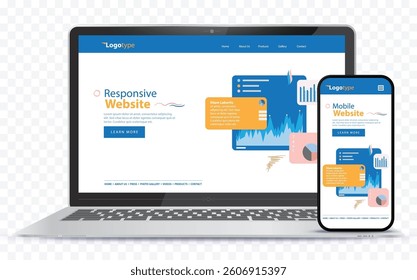 Responsive Website Design With Laptop Computer and Mobile Phone Screen Vector Illustration.
