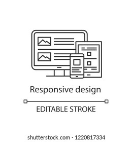 Responsive website design linear icon. Thin line illustration. Web design. Site construction. Website development. Contour symbol. Vector isolated outline drawing. Editable stroke