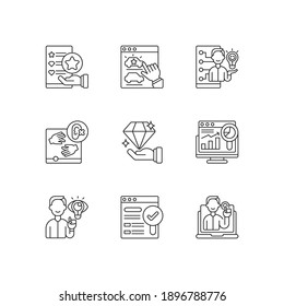 Responsive website design linear icons set. Usability evaluation. Web analytics. Findable, valuable site. Customizable thin line contour symbols. Isolated vector outline illustrations. Editable stroke