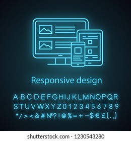 Responsive website design neon light icon. Web design. Site construction for mobile phone, tablet and desktop pc. Website development. Glowing sign with alphabet, numbers. Vector isolated illustration
