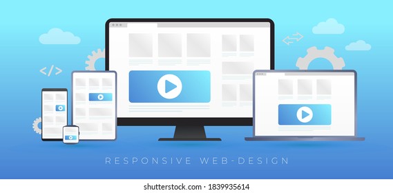 Responsive Website Design Vector Concept. Flat Design In Trendy Color, Mobile Compatibility Responsive Seo Concept. Scalable And Flexible Cross Platform Development