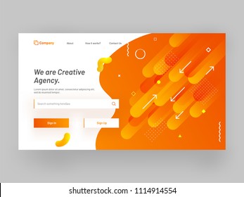 Responsive website or mobile app landing page with geometrical abstract design for creative agency concept.