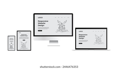 Responsive website mockup on different devices computer Mac laptop tablet and phone Responsive web ui design