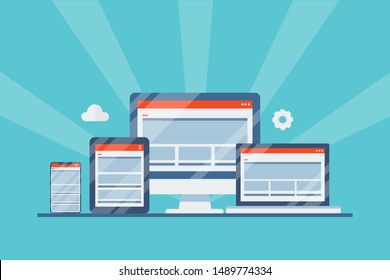 Responsive website on desktop, laptop, tablet and mobile screen, Cross device, Responsive design conceptual vector illustration