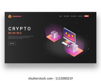 Responsive website template or landing page design with isometric view of desktop and servers for crypto mining concept.