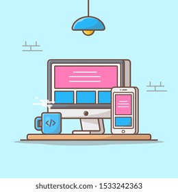 Responsive Website Vector Icon Illustration. Desktop And Smartphone, Coffee, Technology Icon Concept White Isolated. Flat Cartoon Style Suitable for Web Landing Page, Banner, Sticker, Background