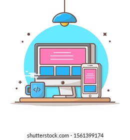 Responsive Website Vector Icon Illustration. Desktop And Smartphone, Coffee, Technology Icon Concept White Isolated. Flat Cartoon Style Suitable for Web Landing Page, Banner, Sticker, Background