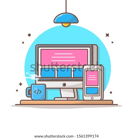 Responsive Website Vector Icon Illustration. Desktop And Smartphone, Coffee, Technology Icon Concept White Isolated. Flat Cartoon Style Suitable for Web Landing Page, Banner, Sticker, Background