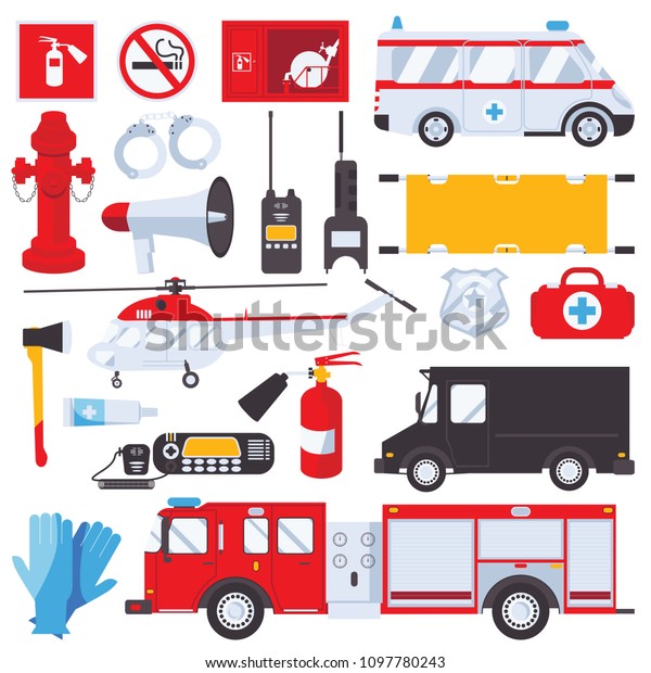 Resque services concept for ambulance, swat,\
first aid and fire engine isolated on white background. Set with\
emergency services objects and\
cars.