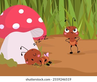 Rest and angry ants. Cartoon fairy tale scene with two insects, ant sleeping under mushroom and dont works. Freelance, cute wild forest couple, vector illustration