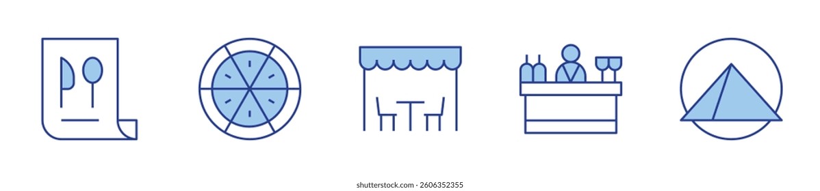 rest area, bar, dish, menu, pizza. Restaurant Icon vector illustration. Line Duotone style. Editable stroke.