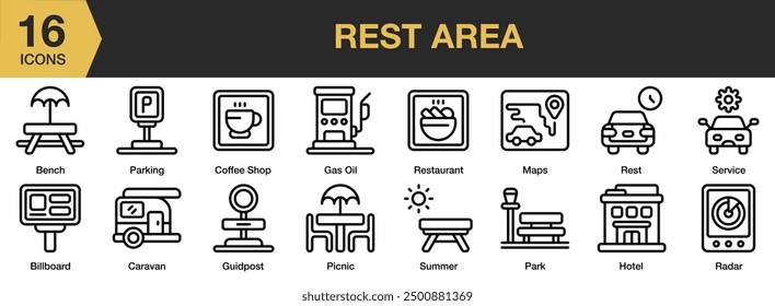 Rest Area icon set. Includes bench, coffee shop, gas oil, hotel, parking, park, and More. Outline icons vector collection.