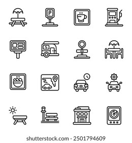 Rest Area icon set. Includes bench, coffee shop, gas oil, hotel, parking, park, and More. Outline icons vector collection.