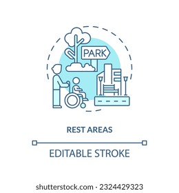 Rest areas turquoise concept icon. Wheelchair accessible. People with disabilities. Mobility aids. Outdoor recreation abstract idea thin line illustration. Isolated outline drawing. Editable stroke