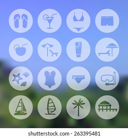 Rest, beach circle icon set. Recreation and relaxation,  blurred background. e p s 1 0
