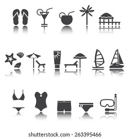 Rest, beach icon set. Recreation and relaxation. Shadow reflection. Vector set. e p s 1 0