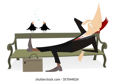 Rest of the businessman. Businessman lies on the bench, listens birds and looks happy  
