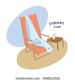 Rest by the sea. Chaise lounge, drink on the table. Beach season, hand lettering Summer time. Drawn by hand in a cartoon style. Vector illustration. Use for travel banners, posters 
