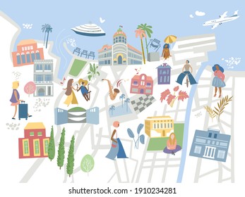 Rest by the sea. Resort town map. Background for design. Vector illustration.