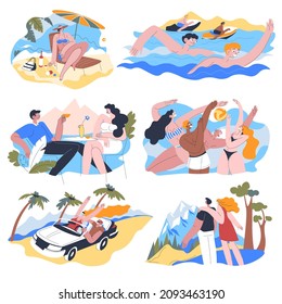 Rest by seaside or shore, people swimming in pool and resting under umbrella. Characters riding on car, trip and journey in tropical country. Mountains trekking and sightseeing. Vector in flat style