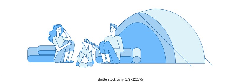Rest in camp. Guy girl tourists, local tourism and travel around country. Romantic date, guy plays girl on guitar vector illustration