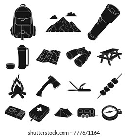 Rest in the camping black icons in set collection for design. Camping and equipment vector symbol stock web illustration.