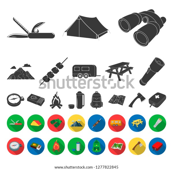 Rest in the camping black,flat icons in set
collection for design. Camping and equipment vector symbol stock
web illustration.