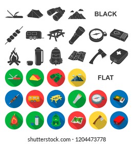 Rest in the camping flat icons in set collection for design. Camping and equipment vector symbol stock web illustration.