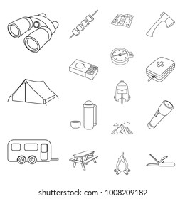 Rest in the camping outline icons in set collection for design. Camping and equipment vector symbol stock web illustration.