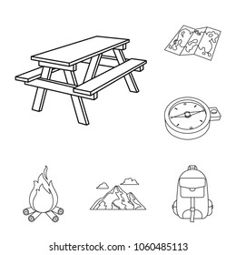 Rest in the camping outline icons in set collection for design. Camping and equipment vector symbol stock web illustration.