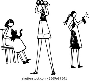 Rest cat observation exploration cleaning person vector illustration image