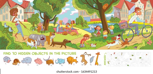 Rest in city park. Panorama. Find 10 hidden objects in the picture. Puzzle Hidden Items. Funny cartoon character. Vector illustration - Shutterstock ID 1634491213