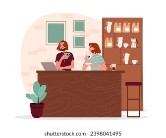 Im Coffee Shop-Konzept entspannen Sie. Café und Catering-Service. Mann und Frau mit Tasse heißen Getränken. Aroma und Getränke. Cappuccino und Latte. Cartoon-FlachVektorgrafik einzeln auf weißem Hintergrund