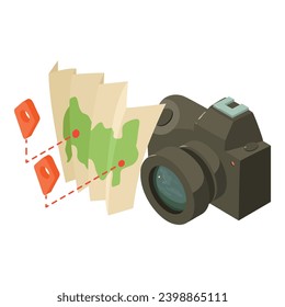 Rest concept icon isometric vector. Modern photo camera and paper map with pin. Travel concept, summer vacation
