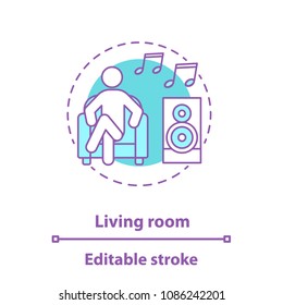 Rest concept icon. Living room idea thin line illustration. Man sitting in armchair and listening to music. Vector isolated outline drawing. Editable stroke