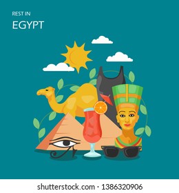 Rest in Egypt vector flat illustration. Egyptian pyramids, eye of Horus or Wadjet, Egyptian queen Nefertiti bust, camel, swimsuit, cocktail, sunglasses. Trip to Egypt concept for web banner, webpage.