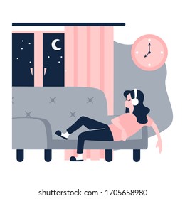 Rest in the evening time. Young Girl sitting on the couch and listening to music, podcast in living room in her free time. Cute character in trendy style. Flat vector illustration.