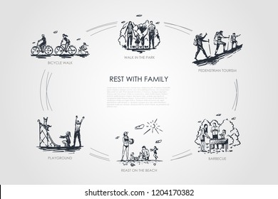 Rest with family - walk in park, bicycle walk, playground, barbecue, pedestrian tourism, rest on beach vector concept set. Hand drawn sketch isolated illustration