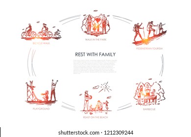 Rest with family - walk in park, bicycle walk, playground, barbecue, pedestrian tourism, rest on beach vector concept set. Hand drawn sketch isolated illustration