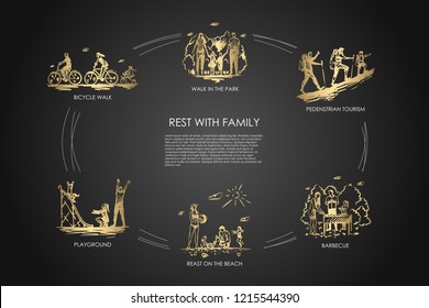 Rest with family - walk in park, bicycle walk, playground, barbecue, pedestrian tourism, rest on beach vector concept set. Hand drawn sketch isolated illustration