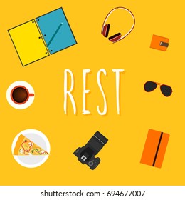 Rest. Flat style card template with handwritten lettering. Everyday object for design card, invitation, poster, banner, t shirt etc