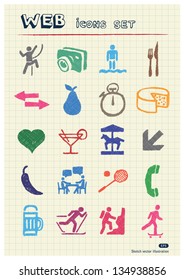 Rest, Food And Hobby Icons Set Drawn By Color Pencils. Hand Drawn Vector Elements Pack Isolated On Paper