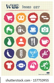 Rest, food and hobby icons set drawn by chalk. Hand drawn vector elements pack isolated on paper